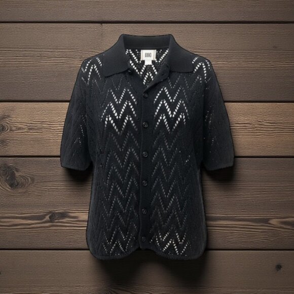 BDG Crochet Look Knit Sweater Button Down with Zig Zag Pattern - Picture 1 of 4